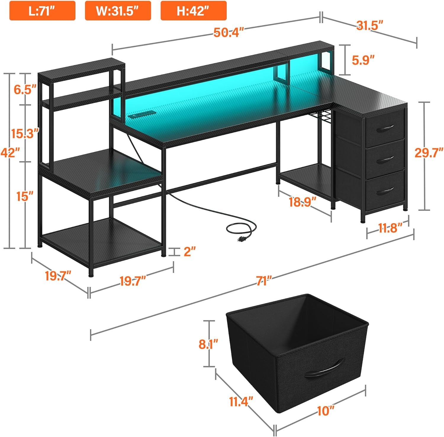 71 Inch L Shaped Gaming Desk with Drawers and Hutch, Computer Desk with Monitor Stand, Power Outlets and LED Lighting, Reversible Home Office Desk with Printer Shelf and Storage, Black Carbon Fiber
