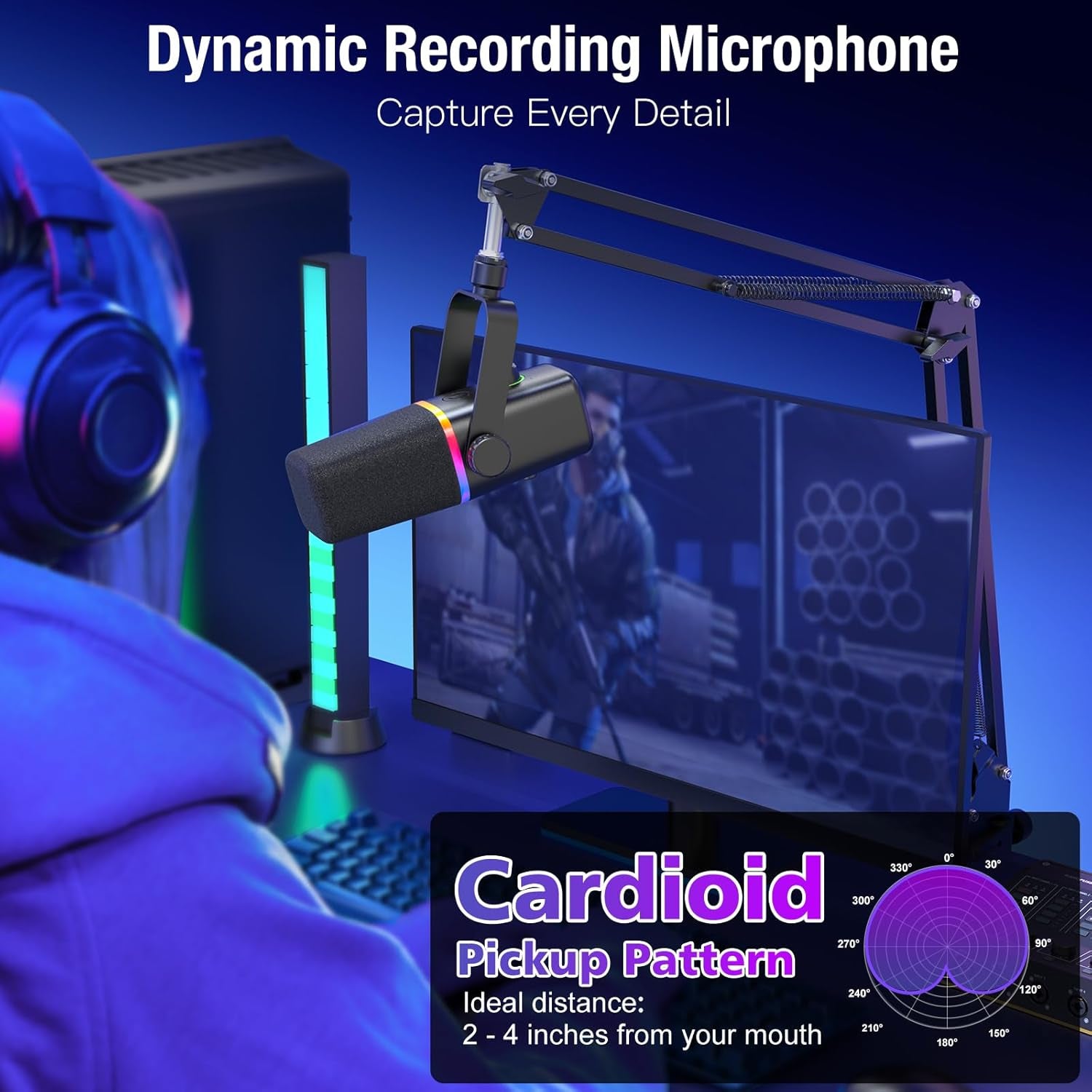 XLR/USB Dynamic Microphone for Gaming Podcast with Boom Stand