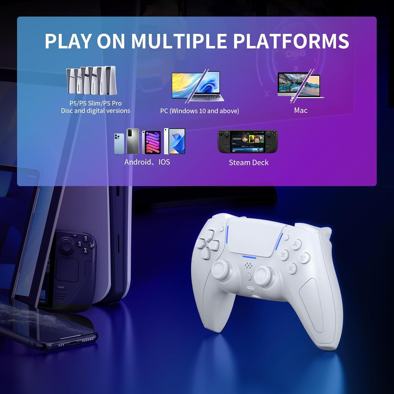 Wireless Gaming Controller Compatible with Ps5/Android/Pc, with LED Lights, Bluetooth,Hall Effect Joystick, Dual Vibration, 3.5Mm Audio Jack, 6-Axis Motion Contro Gamepad with Speaker (White)