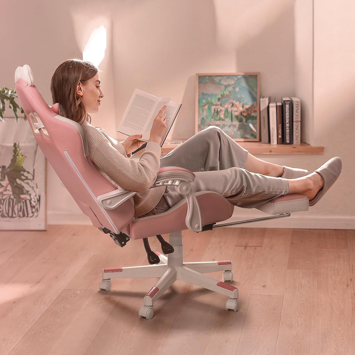 Pink Gaming Chair Cute with Cat Ears and Cat Paw Lumbar Cushion, Ergonomic Computer Chair for Girl with Footrest and Headrest, Comfortable Reclining PC Game Chair for Adult, Teen, Pink