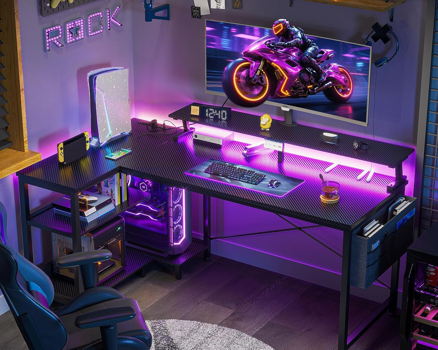 48 Inch Gaming Desk with LED Lights and USB Charging Ports, Reversible L Shaped Computer Desk with Monitor Stand, Storage Shelves, and Power Outlets, Corner Gaming Desk, Black