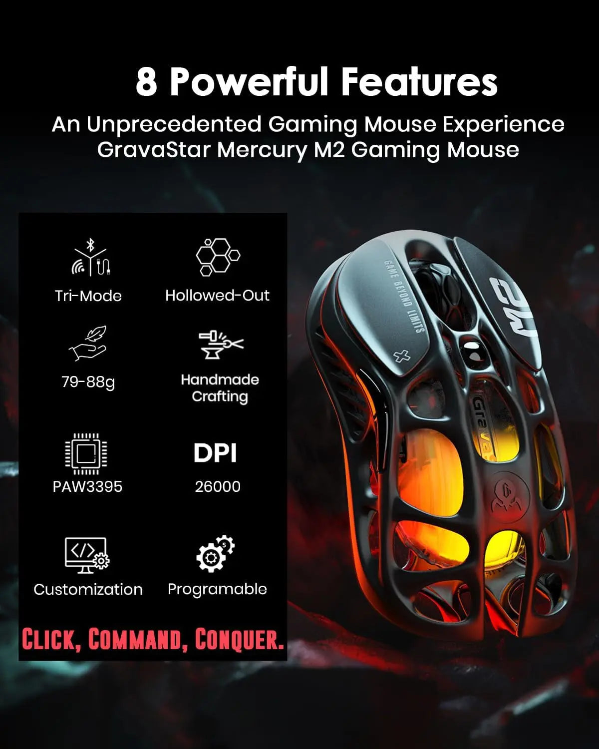 Mercury M2 Wireless Gaming Mouse with 26,000 DPI, PAW3395DM Sensor -79G Lightweight Hollowed-Out Design -5 Programmable Buttons -5 Dynamic Lightsync RGB
