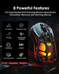 Mercury M2 Wireless Gaming Mouse with 26,000 DPI, PAW3395DM Sensor -79G Lightweight Hollowed-Out Design -5 Programmable Buttons -5 Dynamic Lightsync RGB