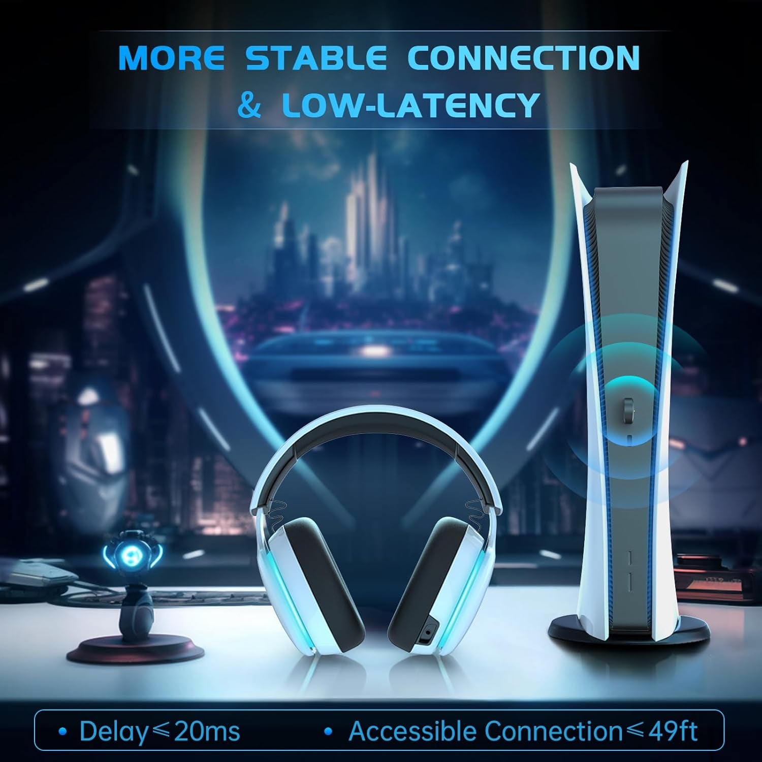 2.4GHz Wireless Gaming Headset for PS5, PS4, PC, and Switch, Bluetooth 5.3, Noise-Reducing Mic, Stereo Sound, 40 Plus Hour Battery, White