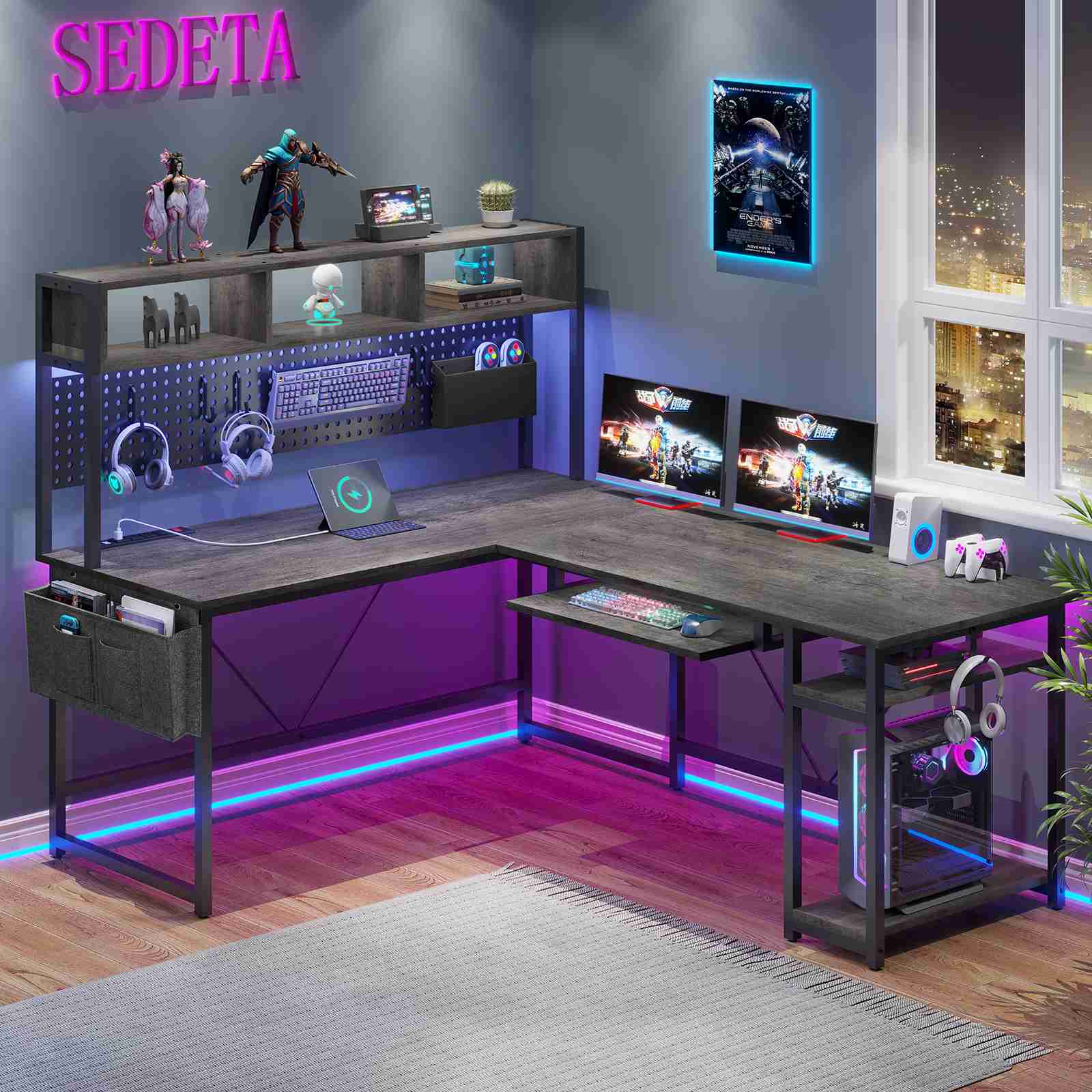 67 Inch L Shaped Gaming Desk Reversible Computer Desk with Led Lights Power Outlet Pegboard