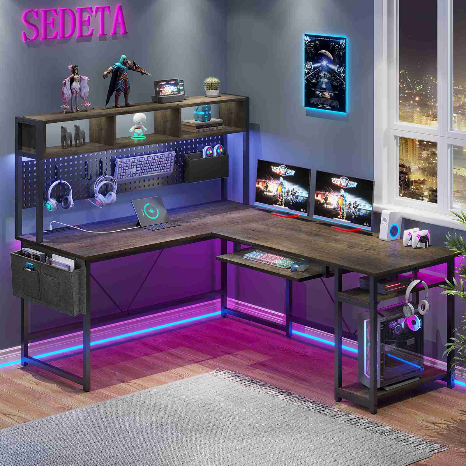 67 Inch L Shaped Gaming Desk Reversible Computer Desk with Led Lights Power Outlet Pegboard