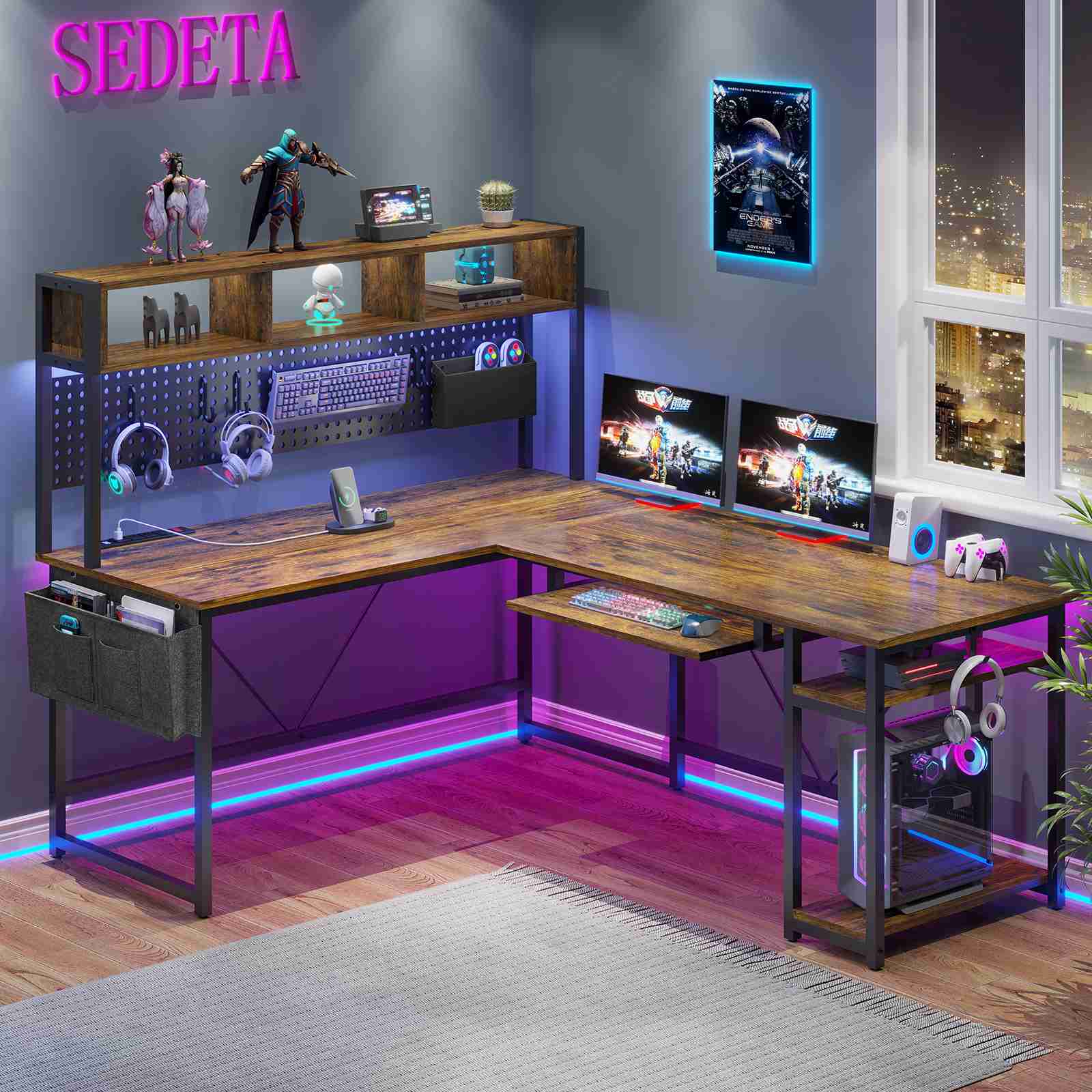 67 Inch L Shaped Gaming Desk Reversible Computer Desk with Led Lights Power Outlet Pegboard