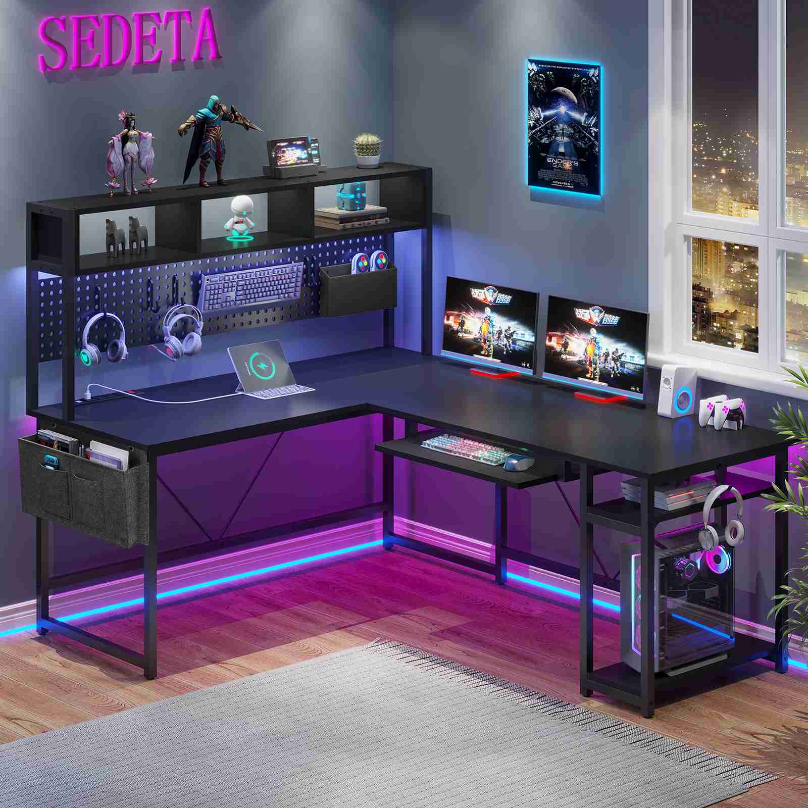 67 Inch L Shaped Gaming Desk Reversible Computer Desk with Led Lights Power Outlet Pegboard
