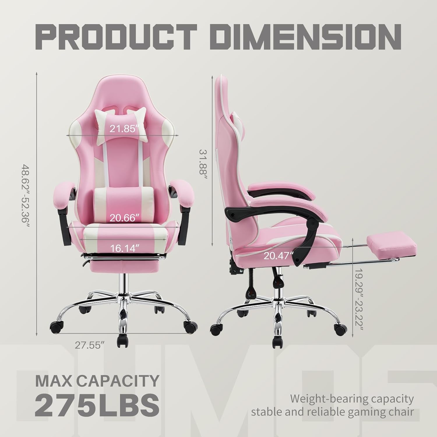 Ergonomic Gaming Office Desk Chair with Footrest and Headrest for Adults, PU Leather Video Computer Chair with Linkage Armrests, Height Adjustable 360° Swivel Recling Chair, White Pink