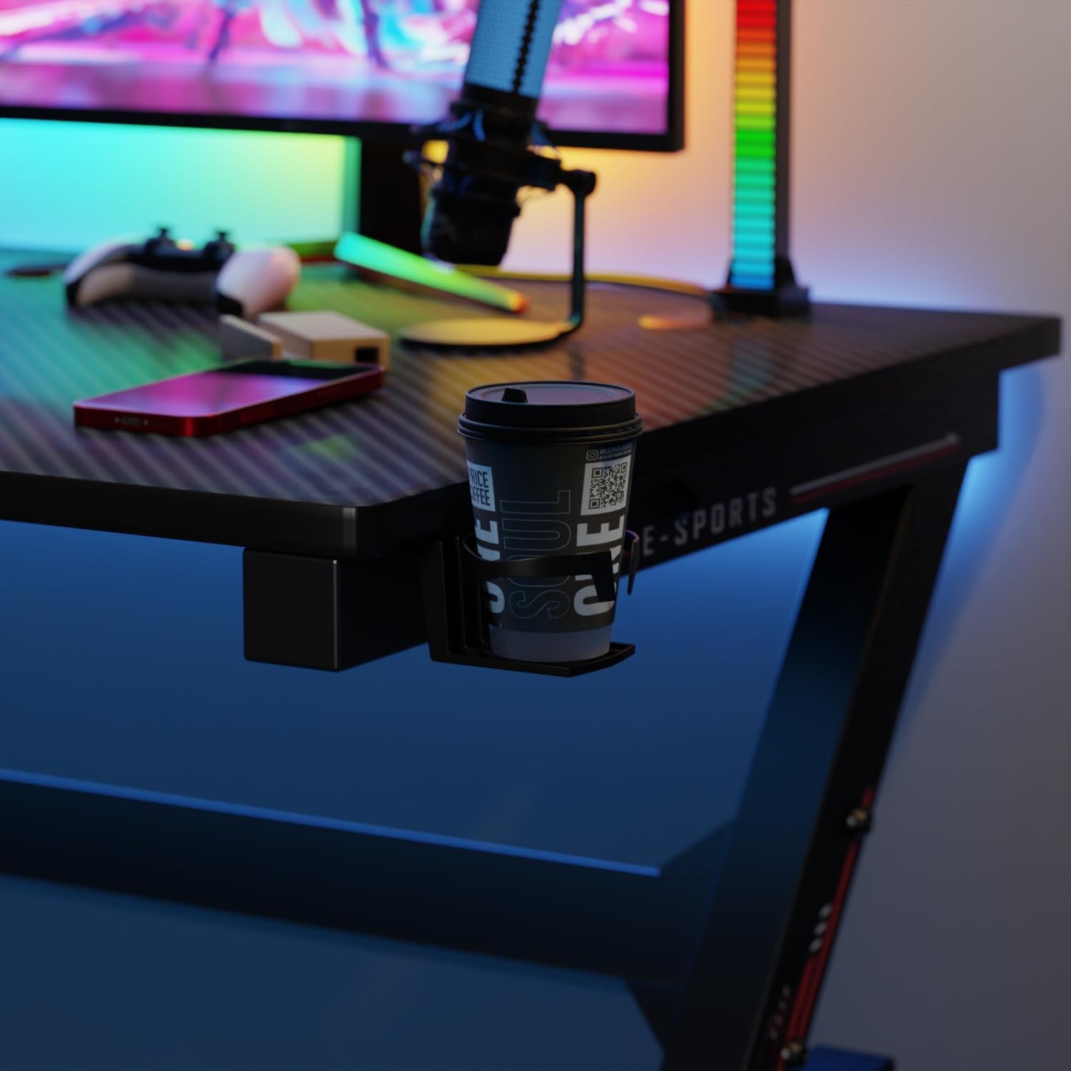 47 Inch Gaming Desk, Carbon Fiber Computer Desk with Steel Frame, Cup Holder and Headphone Hook, Cable Management Holes, Adjustable Leg Pads, Black and Blue SEO-Optimized Description