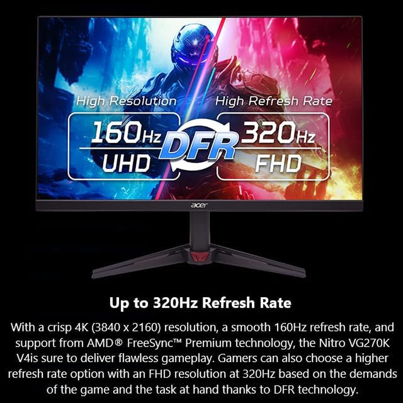 Acer Nitro 27In 4K 3840X2160 IPS 160Hz DFR 320Hz Gaming Monitor VG270K V4 | 0.5Ms, AMD Freesync Premium, 2Xhdmi 2.1, Displayport, Speaker, VESA Mountable, Bluelight Filter, Flickerless Technology