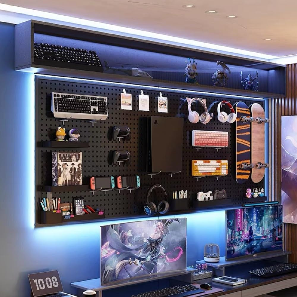 Peg Board with RGB+IC LED Strip Lights,2Pcs Metal Pegboard Panels,Heavy Duty Pegboard Gaming Room Wall Organizer with Hooks,Diy RGB Gaming Setup Organizer Peg Board Wall Mounted 12 * 24”