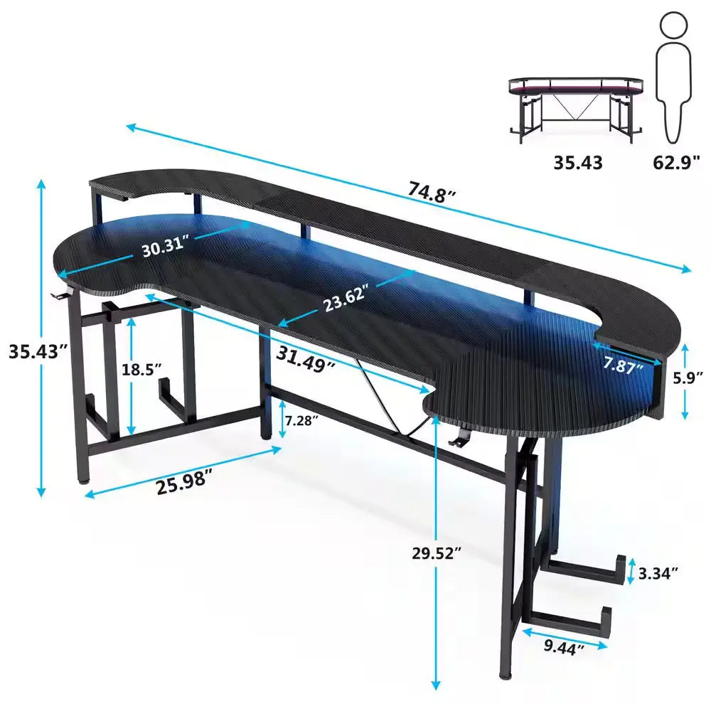Halseey 75 In. Black Wood and Metal Computer Desk Writing Gaming Desk with Led Strip Monitor Stand