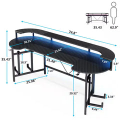 Halseey 75 In. Black Wood and Metal Computer Desk Writing Gaming Desk with Led Strip Monitor Stand