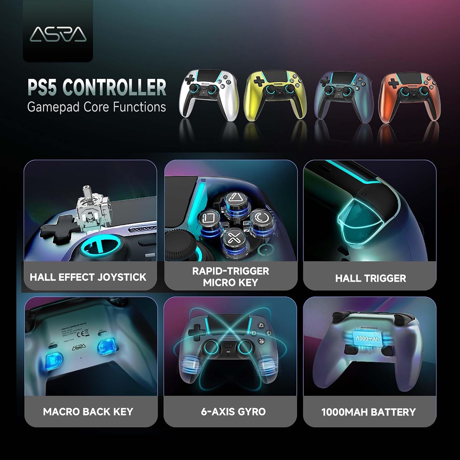 ASRVA Wireless Controller for PS5 Slim & Pro, Hall Effect, Macro, Gyro & RGB