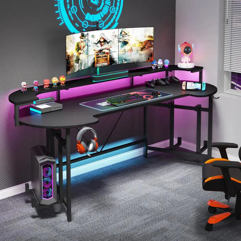 Halseey 75 In. Black Wood and Metal Computer Desk Writing Gaming Desk with Led Strip Monitor Stand