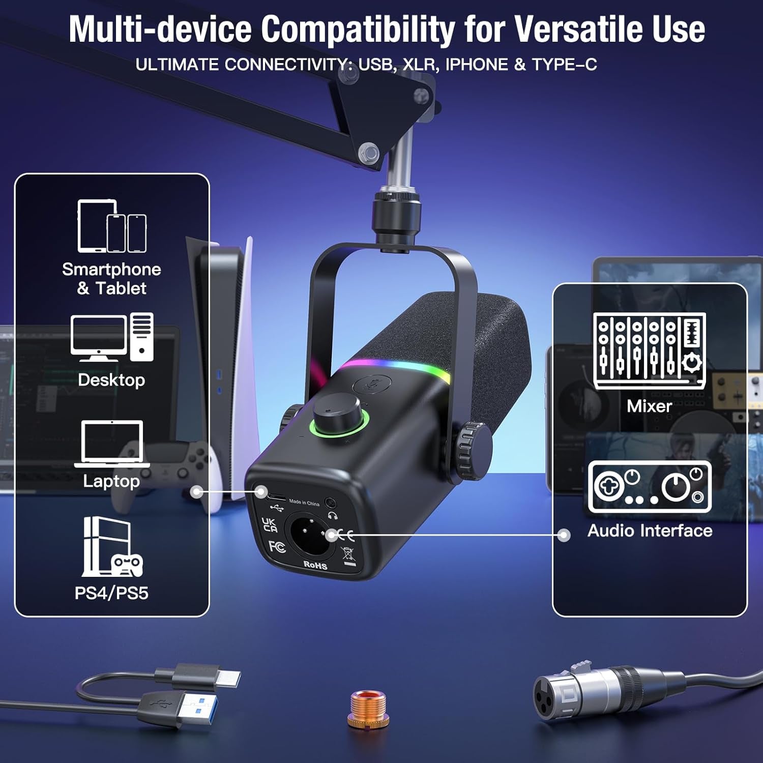 XLR/USB Dynamic Microphone for Gaming Podcast with Boom Stand