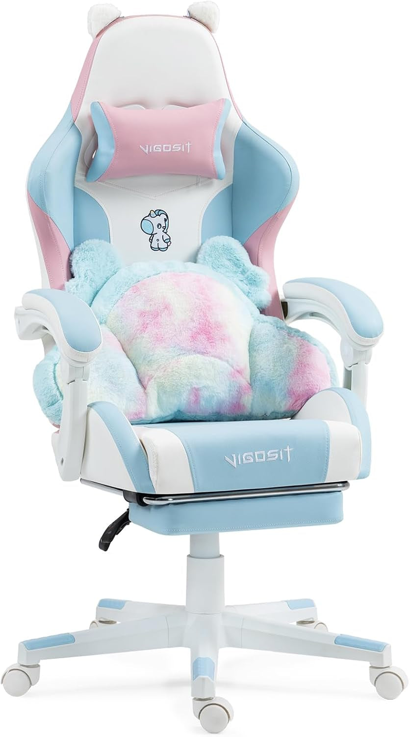 Vlgoslt Cat Ear Gaming Chair with Footrest - Adjustable Lumbar Support, 310Lbs Capacity.Removable Cute Ears, Cotton-Filled Ergonomic Computer Chair for Girls/Teens (Blue Pink)