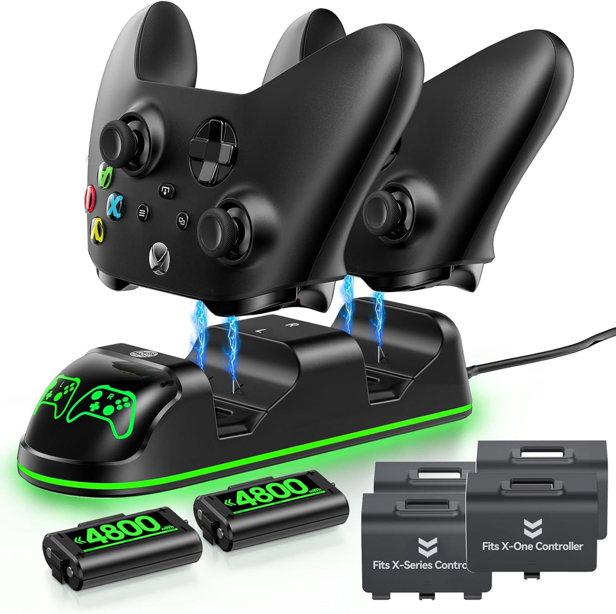 Controller Charger Station with 2X4800Mwh Rechargeable Battery Packs Compatible with Xbox One/Elite/Series X|S, Controller Charging Dock, XB Gaming Accessories with 9 RGB Modes and 4 Battery Covers