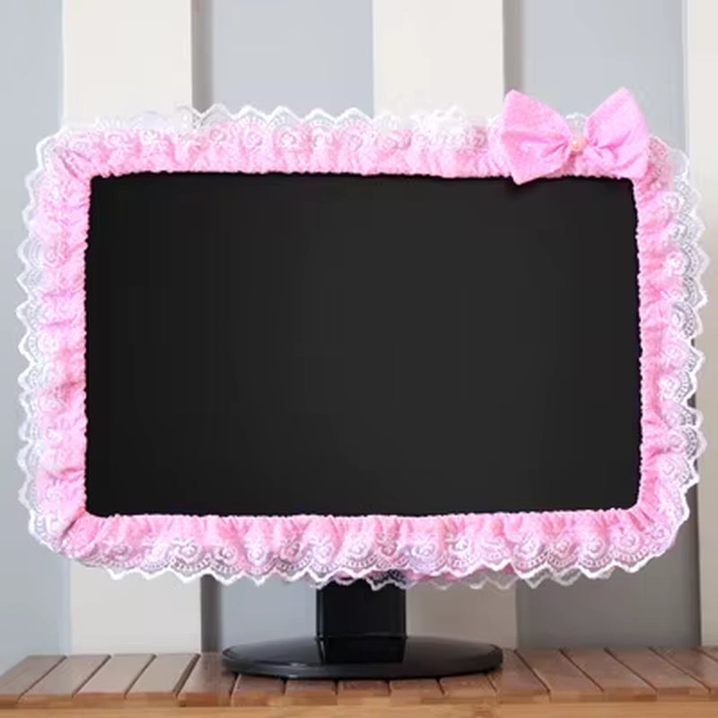Lace Fabric Computer Monitor Dust Cover with Elastic Fit, Decorative Screen Cover with Pen Pocket and Bow, for 17 to 32 Inch Monitors and Laptop