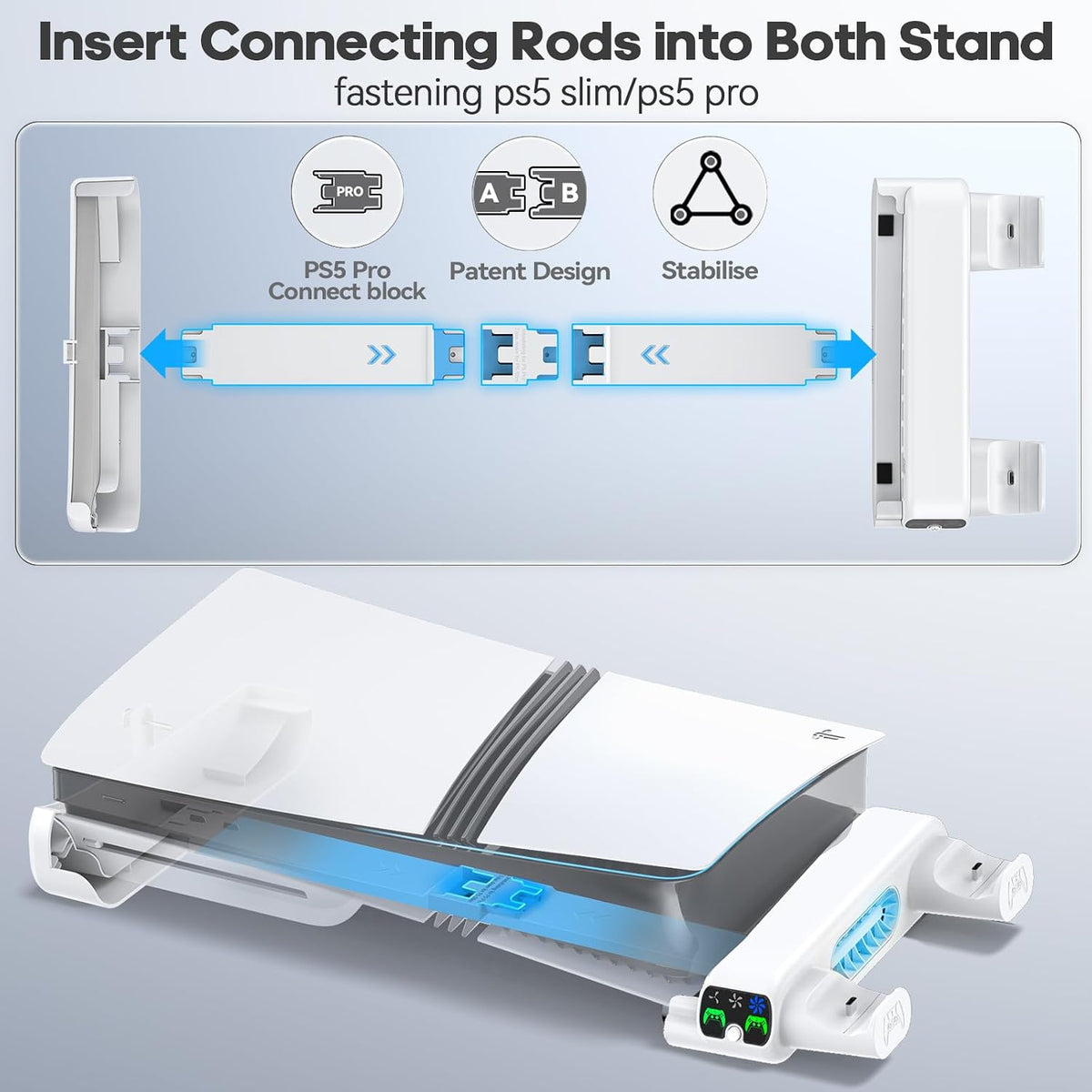 Tokluck PS5 Slim & PS5 Pro Horizontal Cooling Stand, Dual Controller Charger, 3-Speed RGB Fans, White