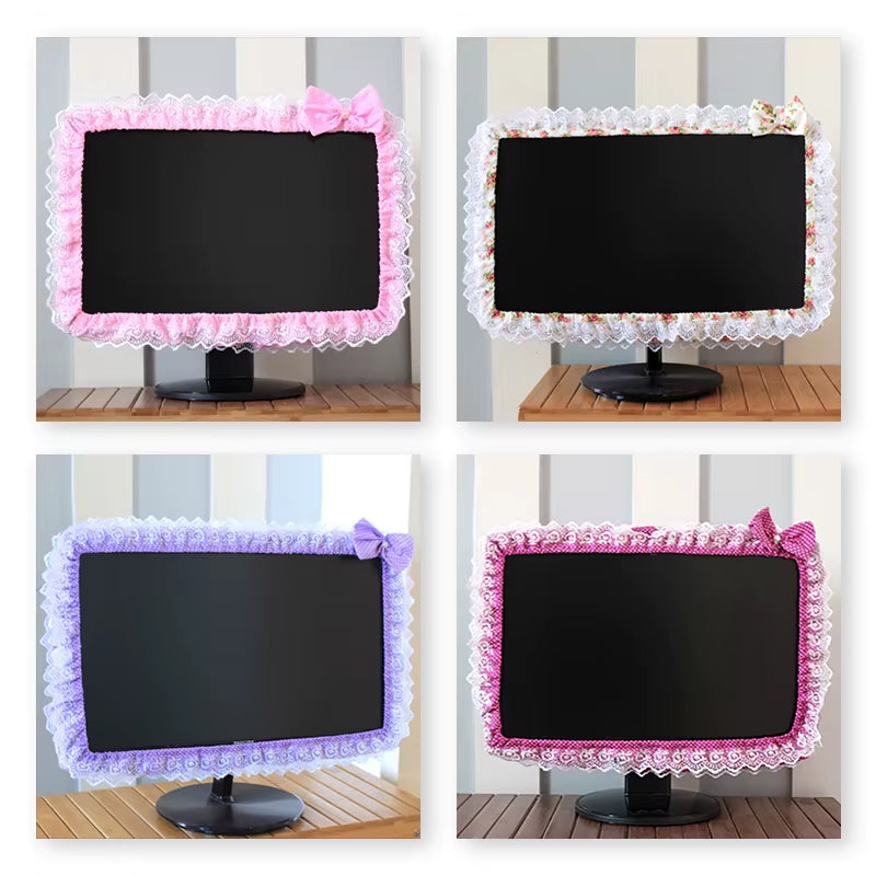 Lace Fabric Computer Monitor Dust Cover with Elastic Fit, Decorative Screen Cover with Pen Pocket and Bow, for 17 to 32 Inch Monitors and Laptop