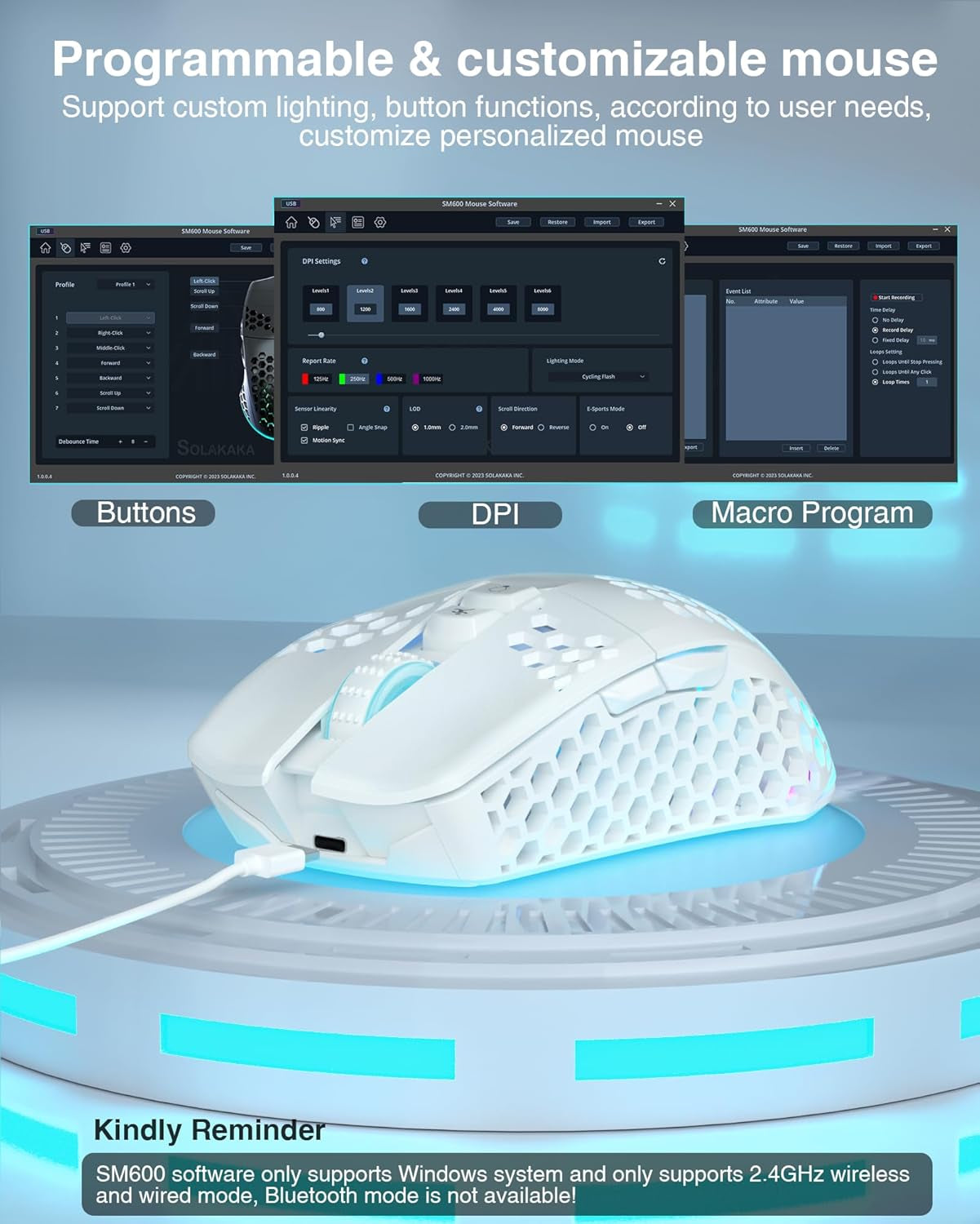 SM600 White Wireless Gaming Mouse, Tri-Mode Connection for PC, Laptop, and Mac