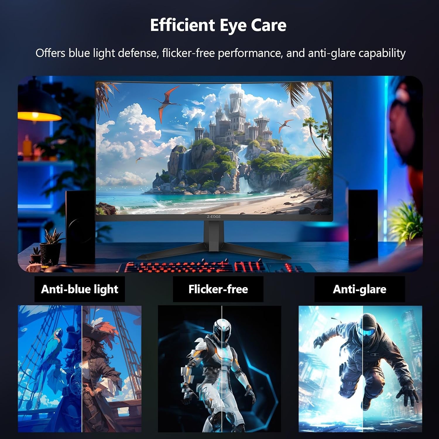 Z-Edge 27 Inch Curved Gaming Monitor, 1080P, 300Hz/240Hz Computer Screen | UG27S 1500R Curved Computer Monitor, 1Ms, Freesync, Low Blue Light, Dual DP & HDMI, Metal Stand, for Office & Gaming