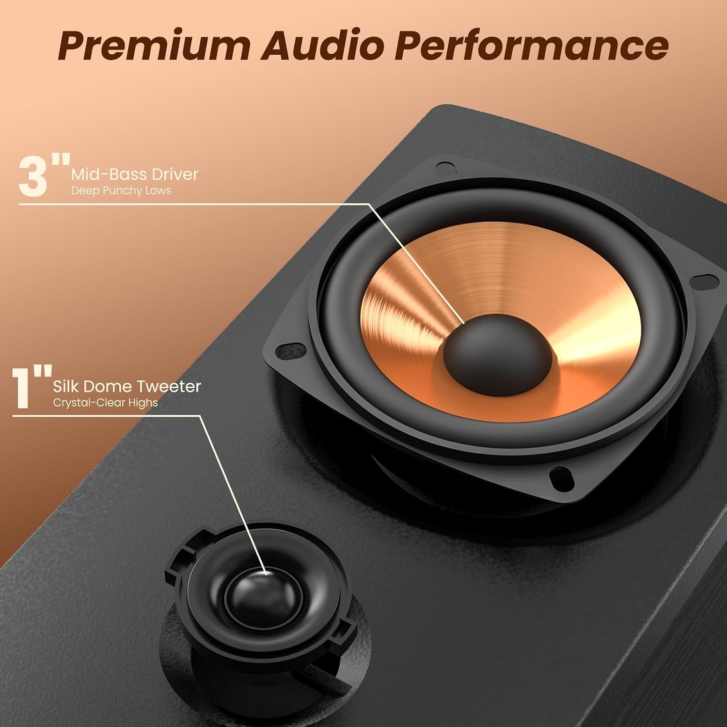 Active Bookshelf Speakers, 50W BT Home Speakers, 3’’ Woofer, 1’’ Silk Dome Tweeter PC Speakers, RCA Speakers for Desktop/Turntable/Tv, Bass & Treble Adjustable, Headphone Port for Gaming
