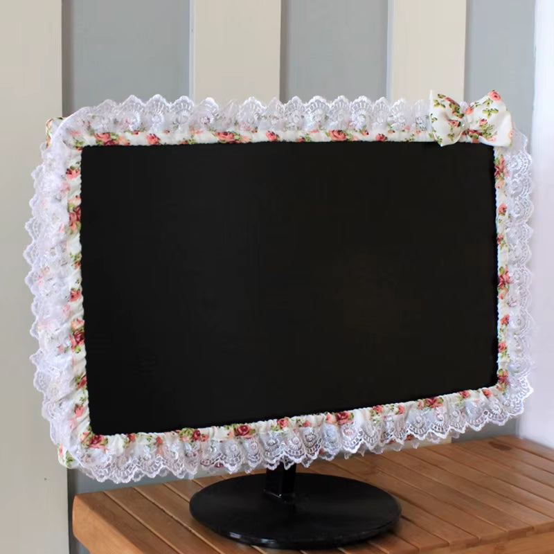 Lace Fabric Computer Monitor Dust Cover with Elastic Fit, Decorative Screen Cover with Pen Pocket and Bow, for 17 to 32 Inch Monitors and Laptop