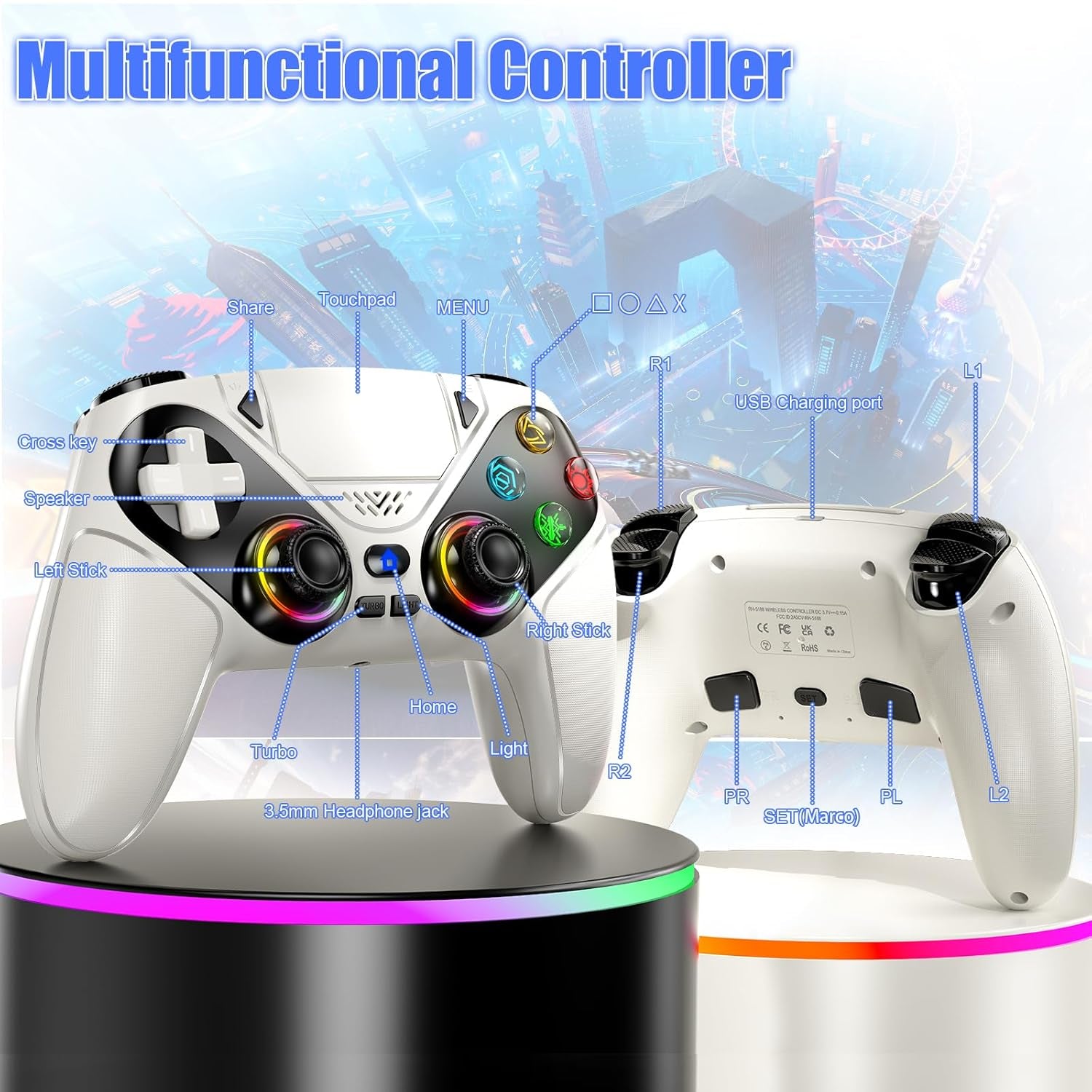 LED Wireless Controller for PS5, Compatible with PS5 Pro/Slim/Pc, Dual Vibration, Macro/Turbo Function, 3.5Mm Audio Jack, 6-Axis Motion Contro Gamepad with Speaker(White)