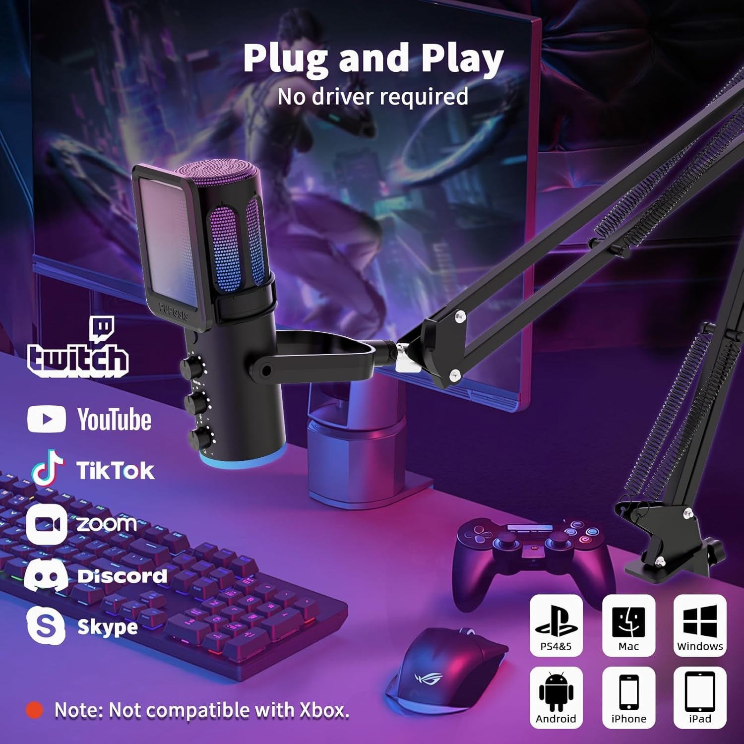 Gaming Microphone, USB Condenser Mic for PC, PS4/5 and Mac.