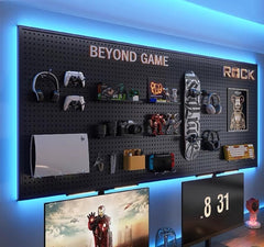 Peg Board with RGB+IC LED Strip Lights,2Pcs Metal Pegboard Panels,Heavy Duty Pegboard Gaming Room Wall Organizer with Hooks,Diy RGB Gaming Setup Organizer Peg Board Wall Mounted 12 * 24”