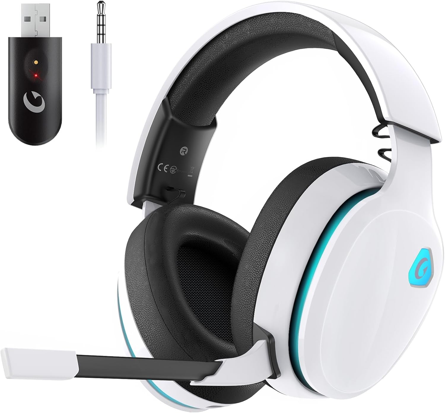 2.4GHz Wireless Gaming Headset for PS5, PS4, PC, and Switch, Bluetooth 5.3, Noise-Reducing Mic, Stereo Sound, 40 Plus Hour Battery, White
