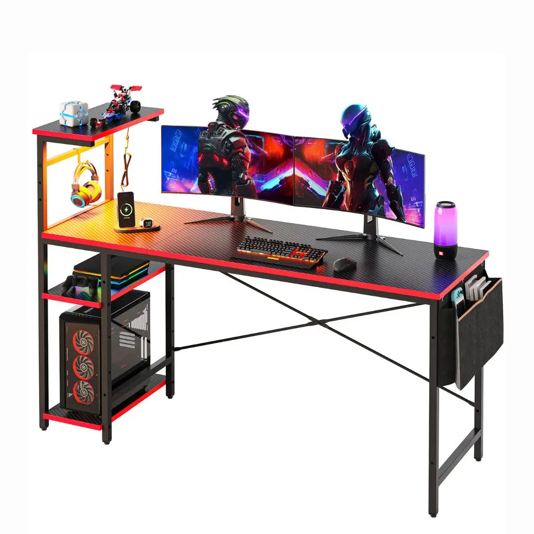 61 Inch Gaming Desk with Shelves, Storage Bag, and LED Lighting