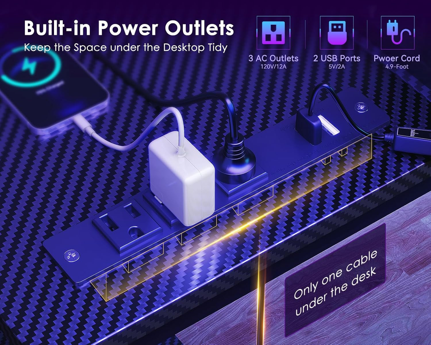 48 Inch Gaming Desk with LED Lights and USB Charging Ports, Reversible L Shaped Computer Desk with Monitor Stand, Storage Shelves, and Power Outlets, Corner Gaming Desk, Black