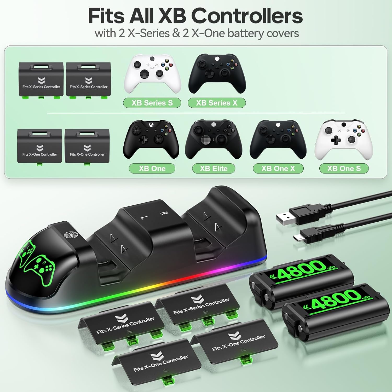 Controller Charger Station with 2X4800Mwh Rechargeable Battery Packs Compatible with Xbox One/Elite/Series X|S, Controller Charging Dock, XB Gaming Accessories with 9 RGB Modes and 4 Battery Covers
