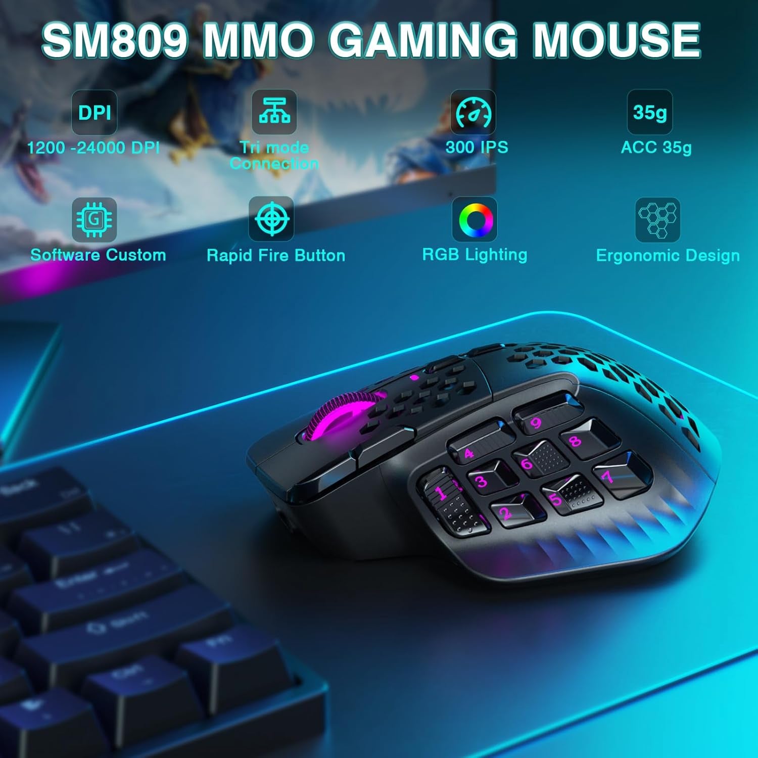 SM809 Pro Gaming Mouse with 9 Side Buttons,24000 DPI RGB Mouse for Gamer,16 Programmable Macros MMO Mouse,Black
