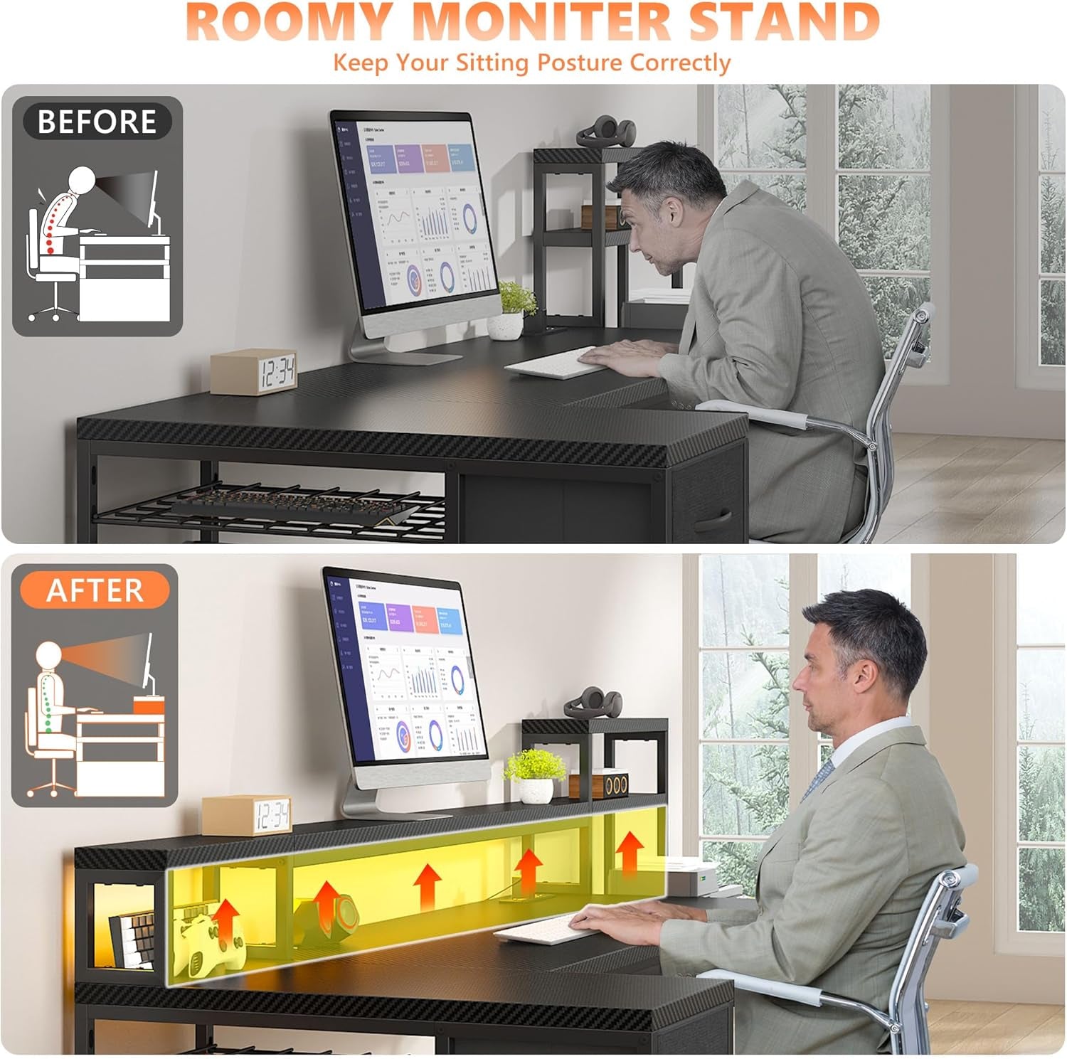 71 Inch L Shaped Gaming Desk with Drawers and Hutch, Computer Desk with Monitor Stand, Power Outlets and LED Lighting, Reversible Home Office Desk with Printer Shelf and Storage, Black Carbon Fiber