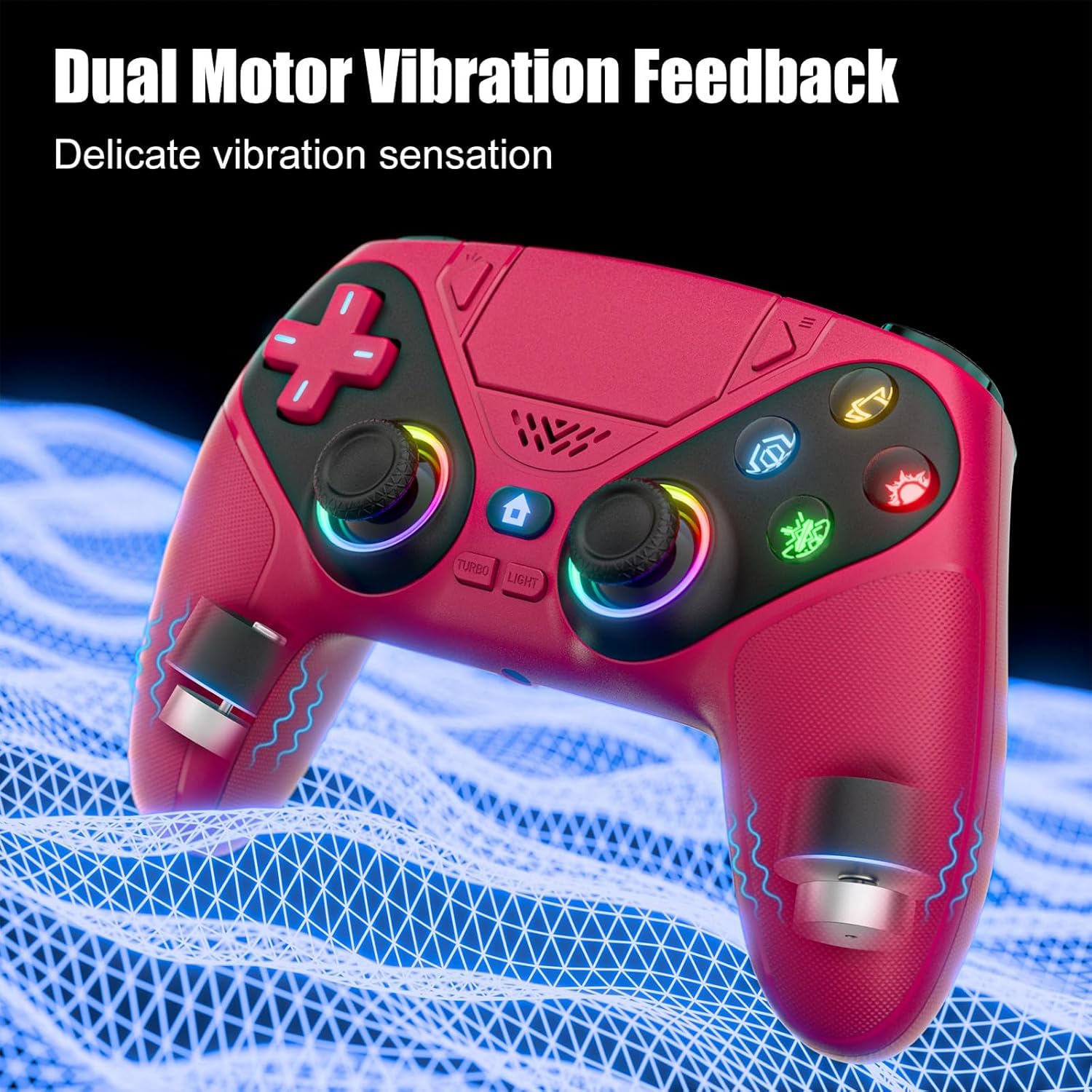 RGB Wireless Gaming Controller for PS5 and PC, Bluetooth Gamepad with Turbo and Macro, 6-Axis Motion Control, Dual Vibration, 3.5mm Audio Jack, 1000mAh Battery, Red