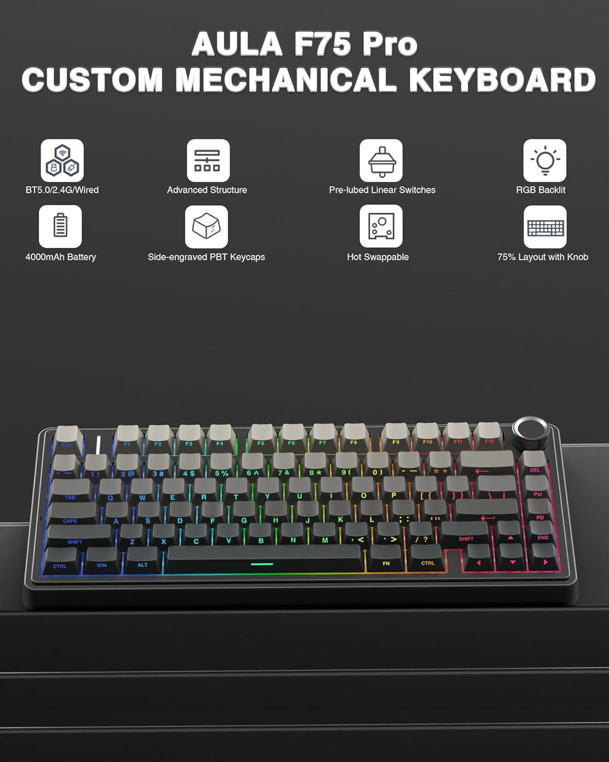 F75 Pro Wireless Hot SwappableMechanical Keyboard,75% Custom Keyboard