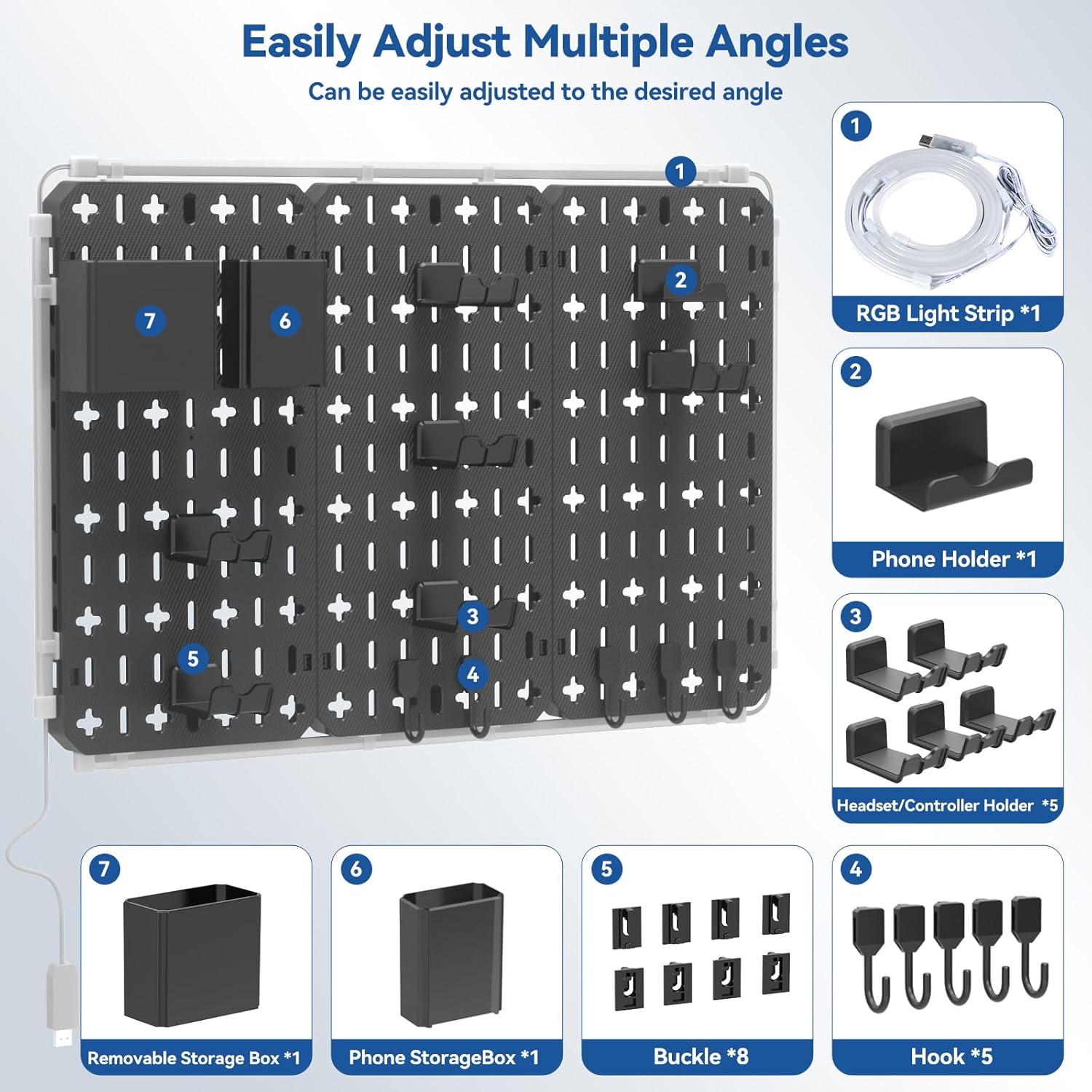 Wall Organizer Peg Board - 7 in 1 Gaming Pegboard Accessories with RGB Led Strip