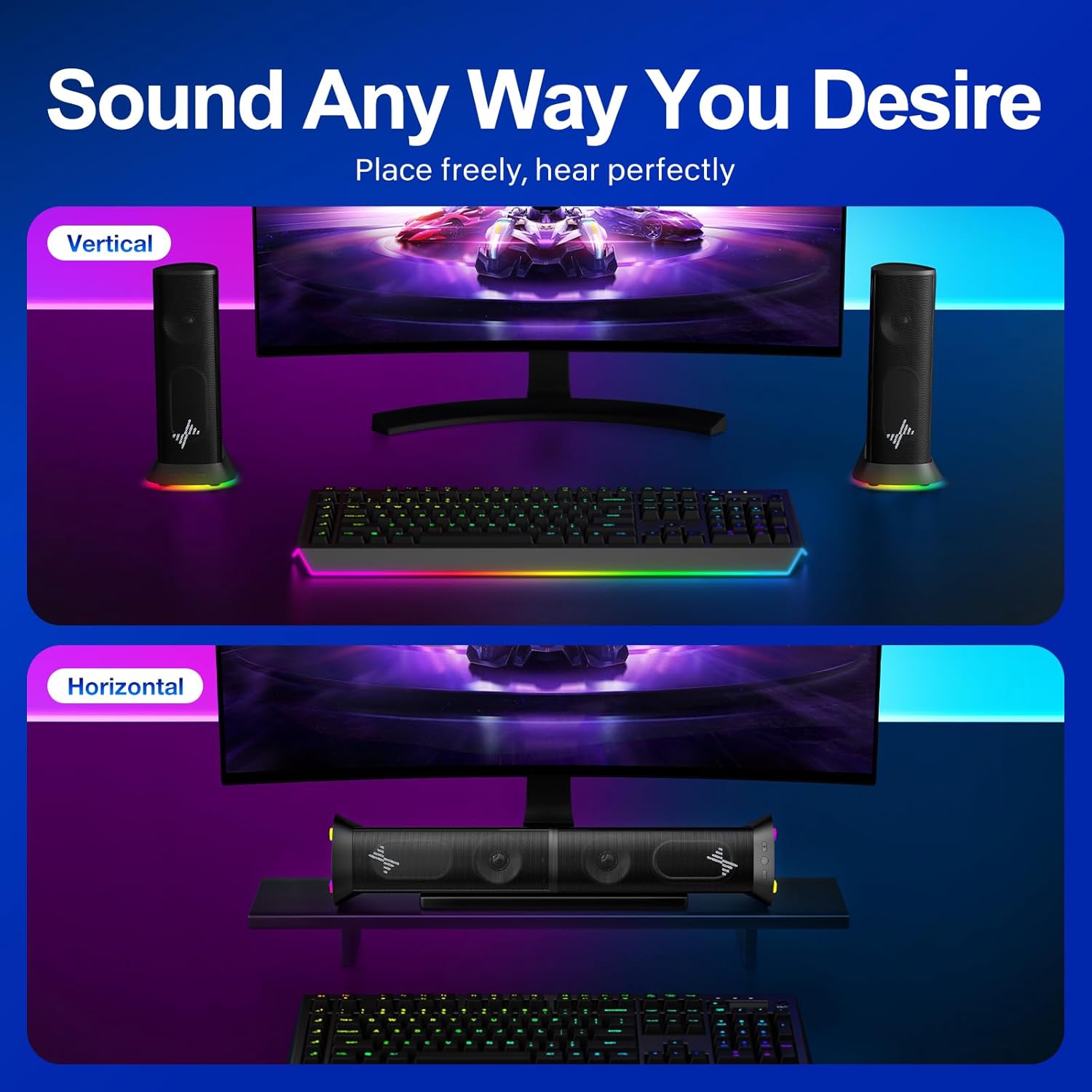 Computer Speakers for Desktop PC, Hi-Fi Stereo Speakers with 9 RGB Lighting Modes, 4-Driver Wired Speakers, USB-A or USB-C Powered with 3.5mm Aux for PC, Laptop, Monitor, MacBook