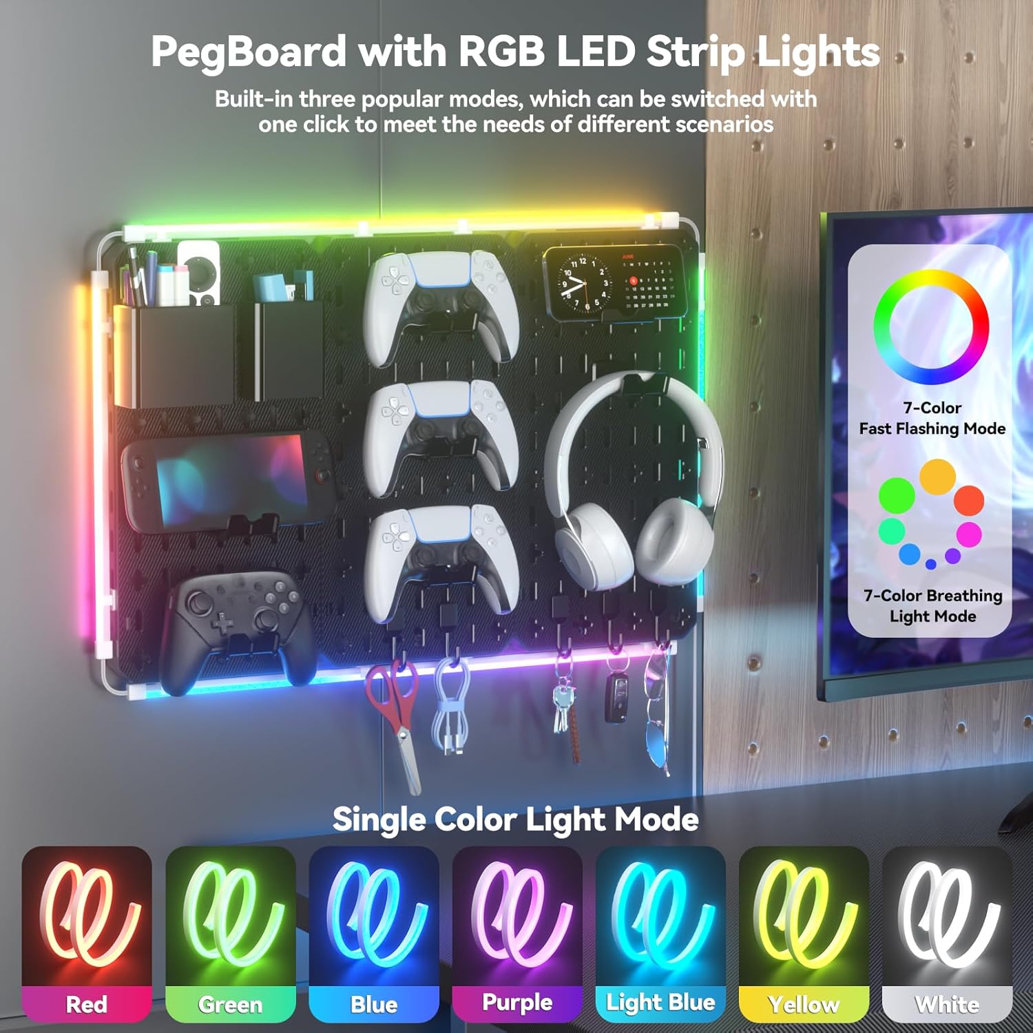 Wall Organizer Peg Board - 7 in 1 Gaming Pegboard Accessories with RGB Led Strip