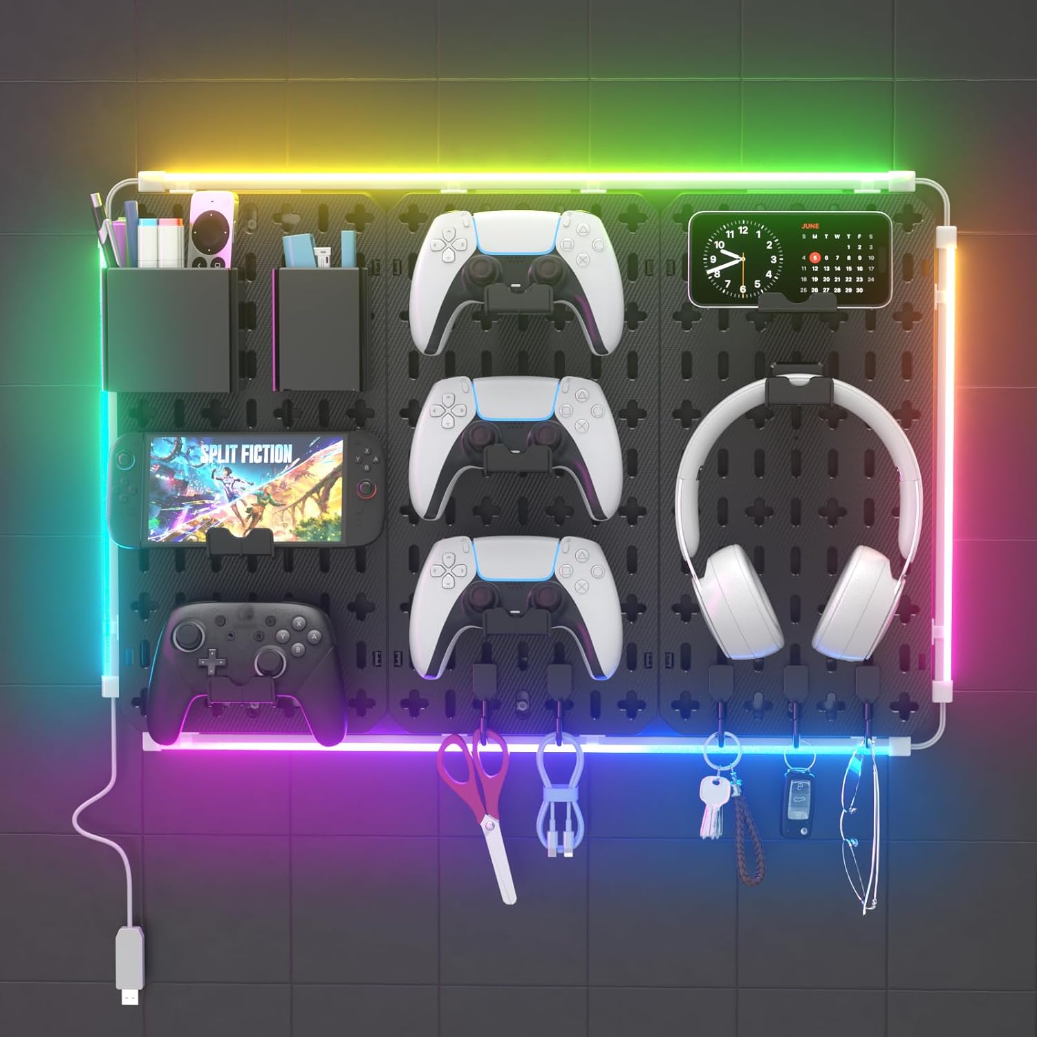 Wall Organizer Peg Board - 7 in 1 Gaming Pegboard Accessories with RGB Led Strip