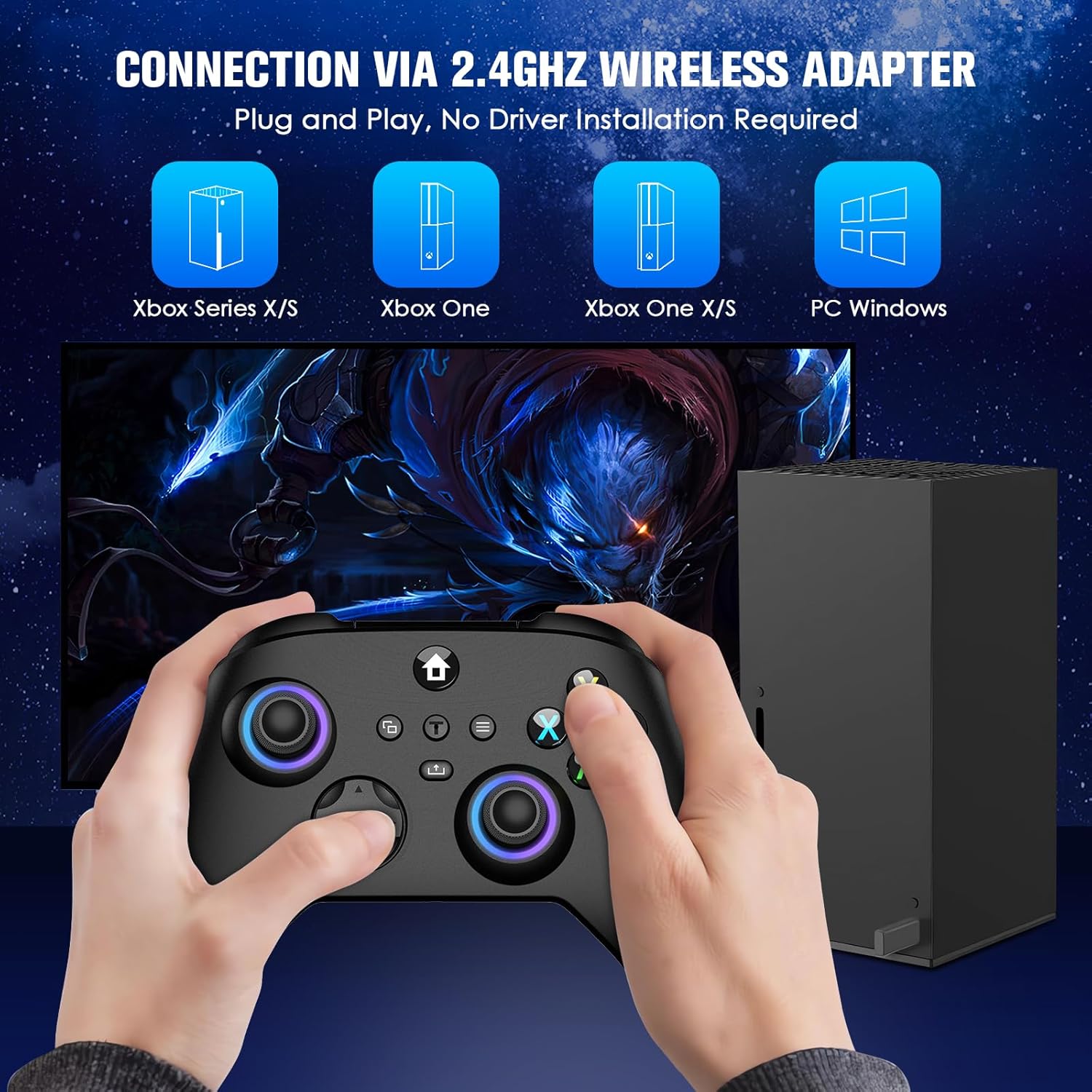 Wireless Controller for Xbox, Compatible with Xbox Series X/S/One/Pc, with 2 Silicone Thumb Grips, Hall Effect Joysticks, 2.4Ghz Wireless Adapter Gamepad with RGB Light, Dual Vibration, TURBO