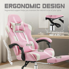 Ergonomic Gaming Office Desk Chair with Footrest and Headrest for Adults, PU Leather Video Computer Chair with Linkage Armrests, Height Adjustable 360° Swivel Recling Chair, White Pink
