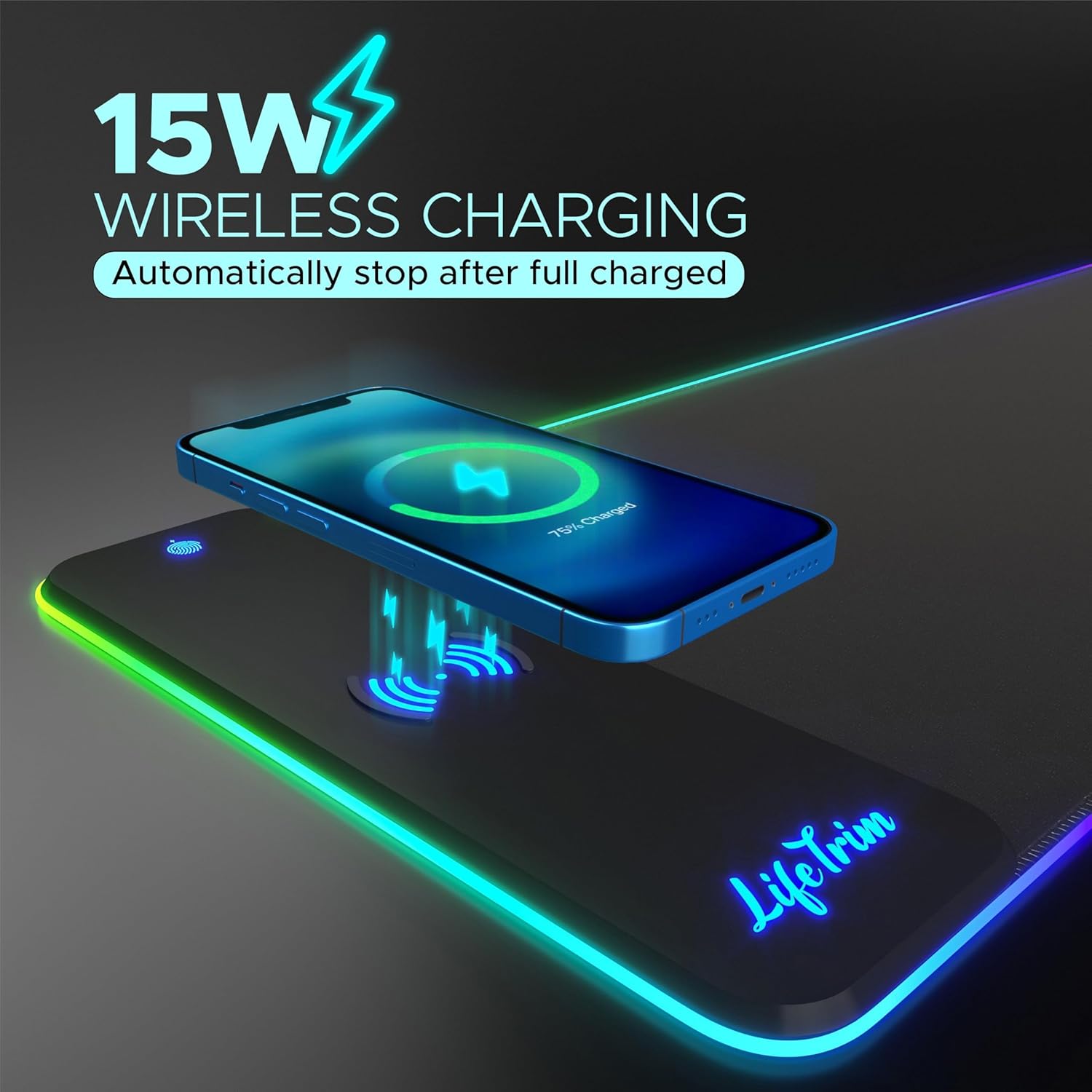 RGB Wireless Charging Gaming Mouse Pad, 35.5 x 12 Inch LED Desk Mat with 10 Lighting Modes, XXL Non-Slip Mousepad with Qi Fast Charging for Keyboard, Mouse, and Phones