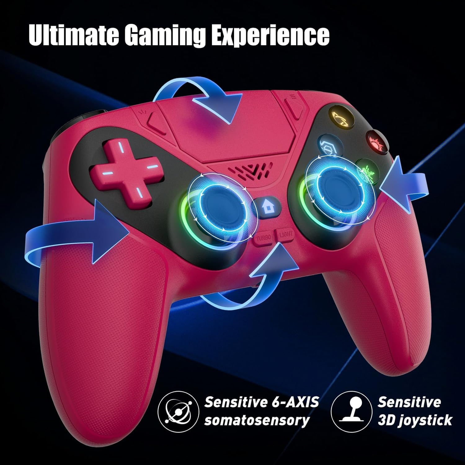 RGB Wireless Gaming Controller for PS5 and PC, Bluetooth Gamepad with Turbo and Macro, 6-Axis Motion Control, Dual Vibration, 3.5mm Audio Jack, 1000mAh Battery, Red