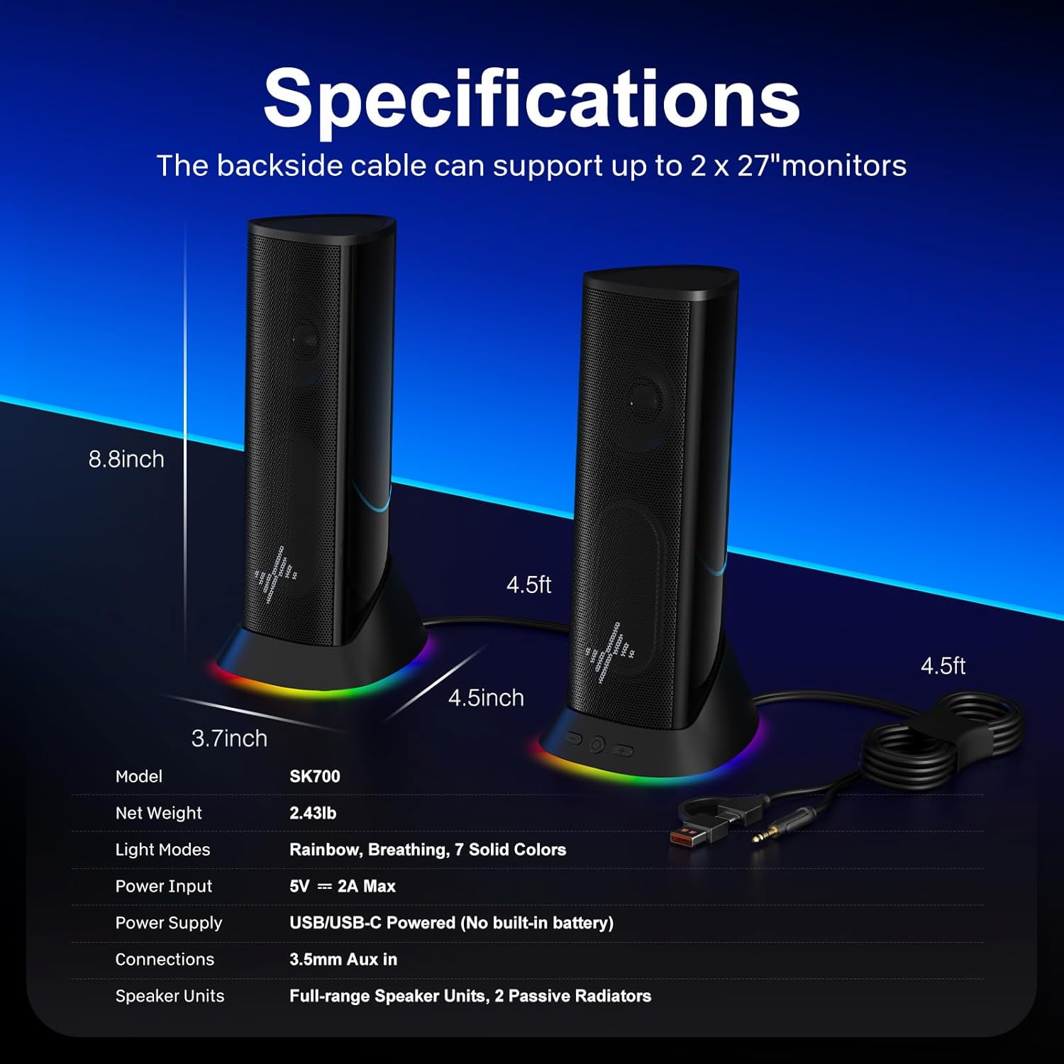 Computer Speakers for Desktop PC, Hi-Fi Stereo Speakers with 9 RGB Lighting Modes, 4-Driver Wired Speakers, USB-A or USB-C Powered with 3.5mm Aux for PC, Laptop, Monitor, MacBook